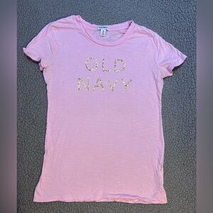 Old Navy T Shirt Womens Size XS Pink With Gold Logo Short Sleeve Blouse